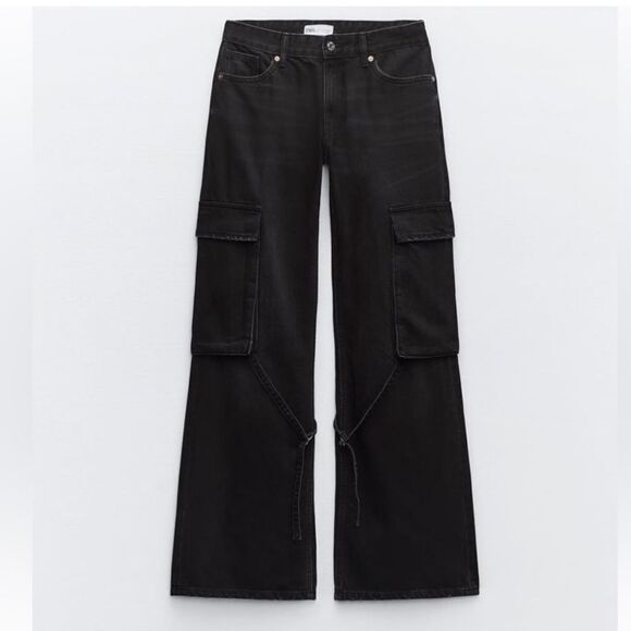Zara Mid Rise Wide Leg Black Denim Cargo TRF Jeans - Picture 8 of 10